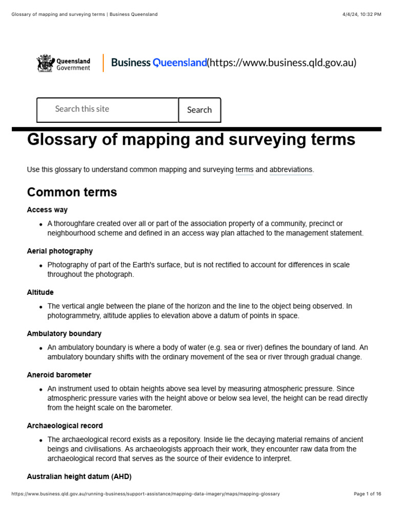 Glossary Of Mapping And Surveying Terms Business Queensland Pdf