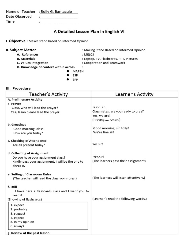 Detailed Lesson Plan in English 6 | PDF | Learning | Experience