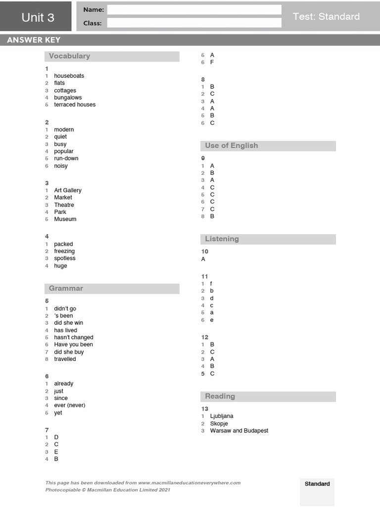 B1PLUS U3 Test Standard Answer Key | PDF | Linguistics