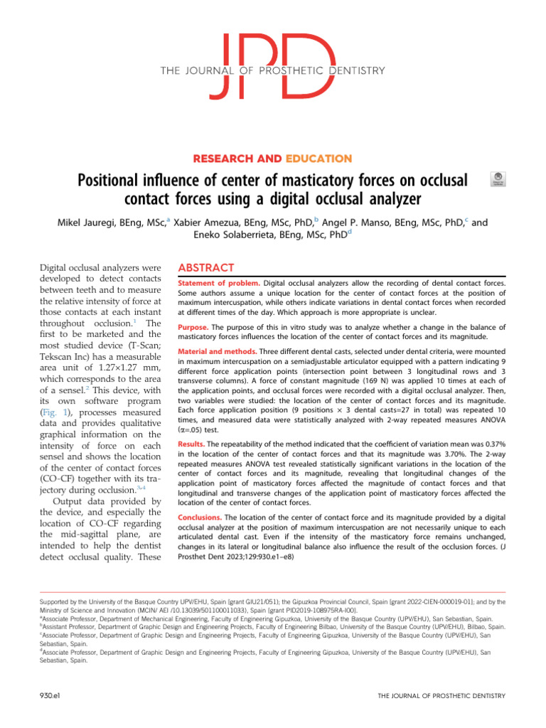 Positional Influence of Center of Masticatory Forces On Occlusal JPD ...