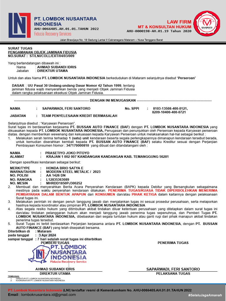 Surat Tugas Penarikan Kendaraan BAF | PDF
