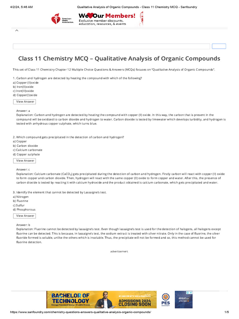 Qualitative Analysis of Organic Compounds - Class 11 Chemistry MCQ ...