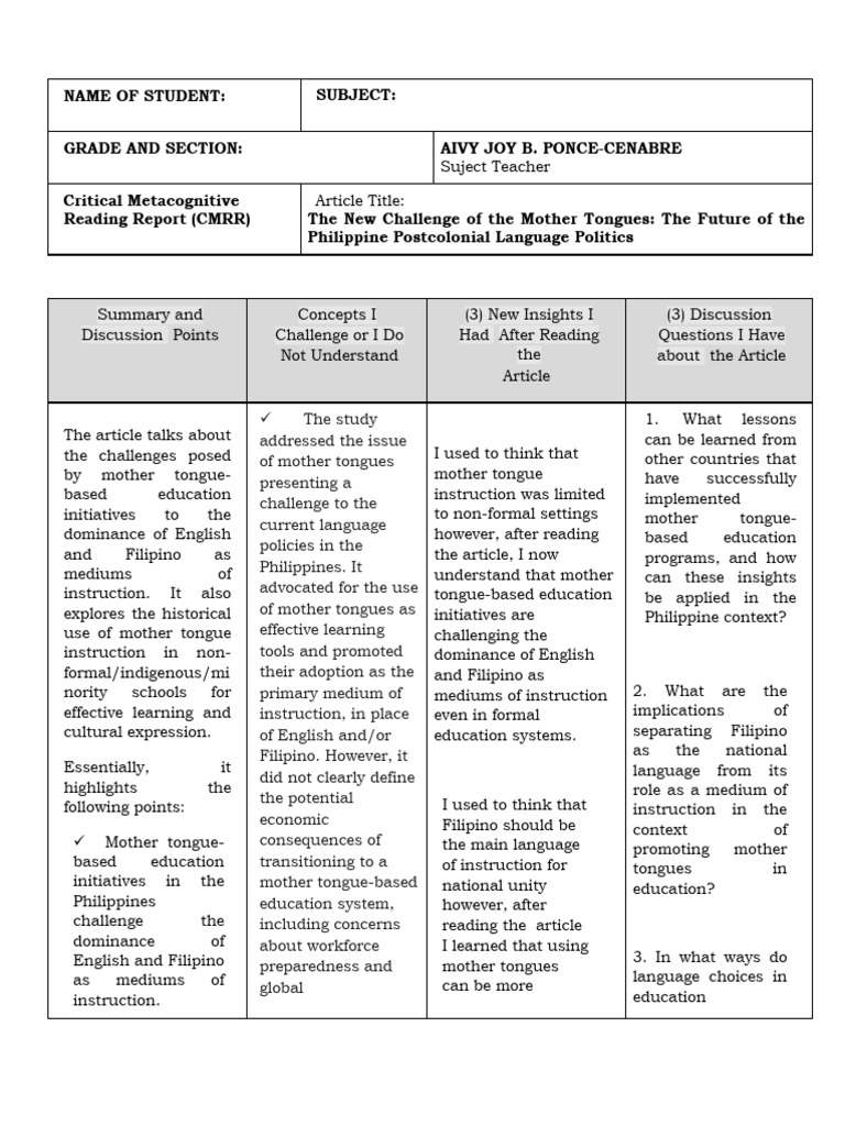 Critical Metacognitive Reading Report | PDF | Liberal Arts Education ...