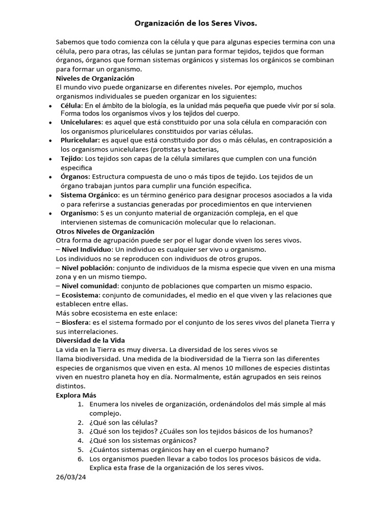 Niveles de Organización de los Seres Vivos | PDF | Organismos ...