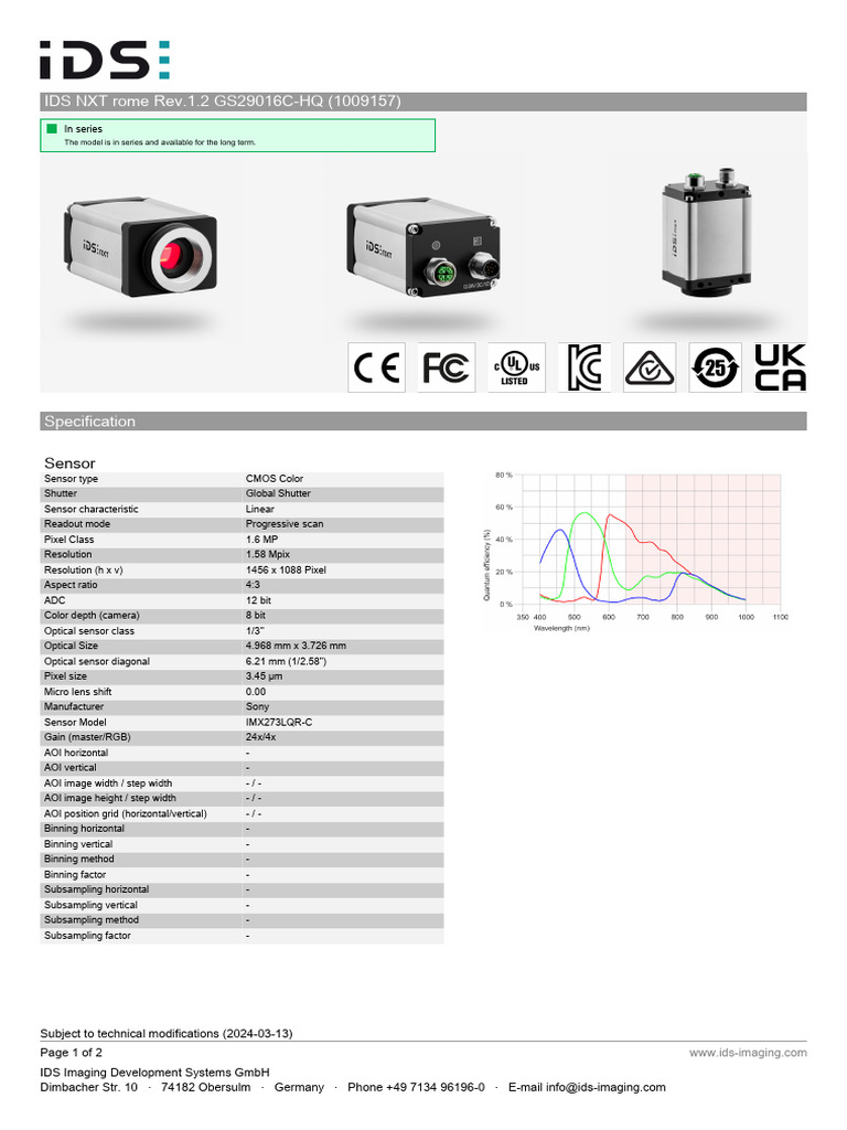 IDS NXT Rome Rev.1.2 Camera Specs | PDF | Pixel | Frame Rate
