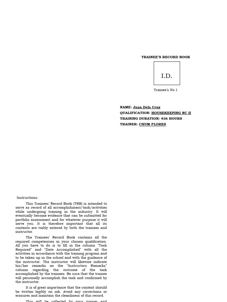 Trainee Record Book for Housekeeping NC II | PDF | Laundry ...