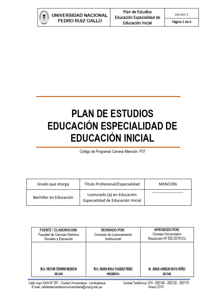 Plan de Estudios Educación Inicial UNPRG | PDF | Plan de estudios ...