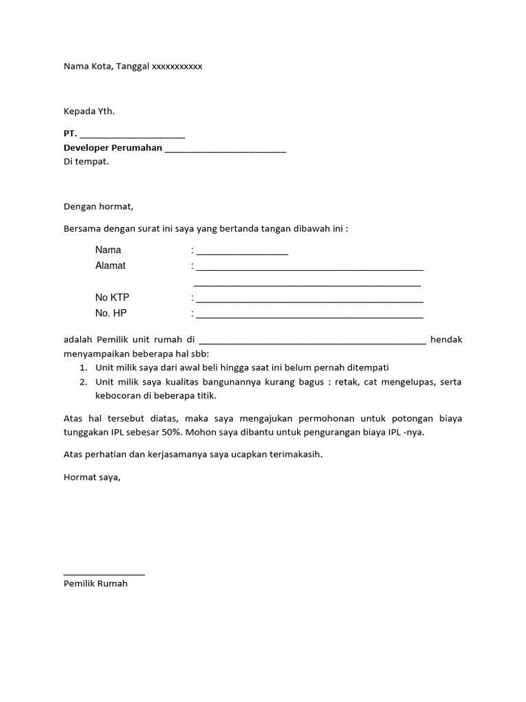 Surat permohonan rubah cara bayar ke developer properti pdf