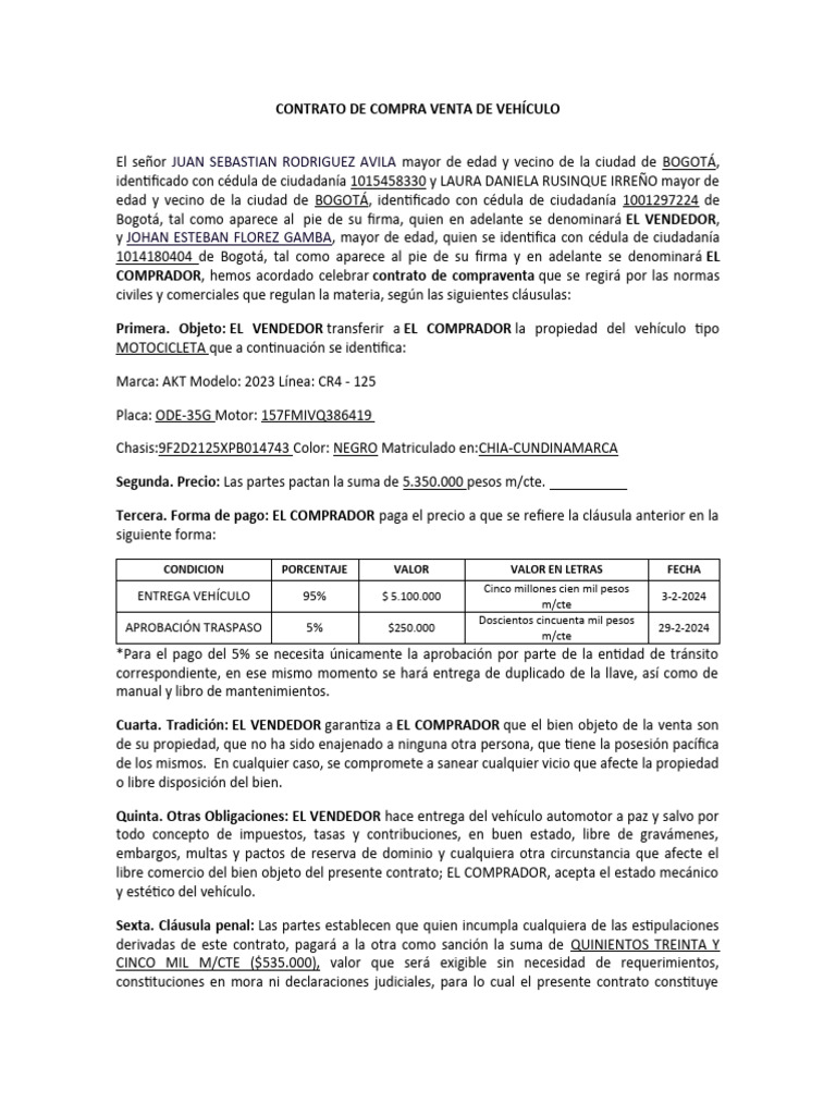 Contrato de Compra Venta de Vehículo | PDF | Finanzas y dinero | Derecho