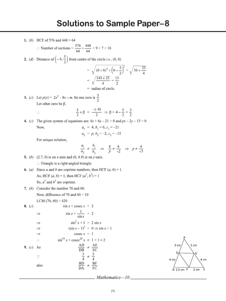 Cbse Cl10 Ead Mathematics Standard Solutions To Sample Paper 8 | PDF
