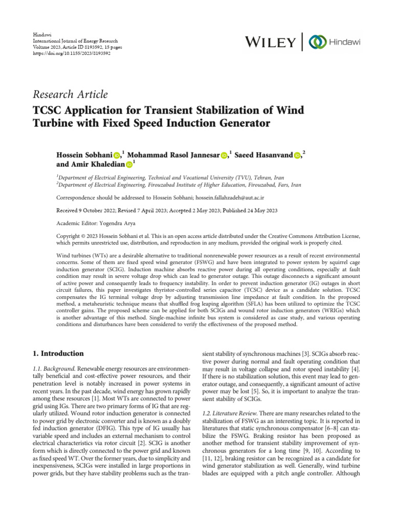 Research article tcsc application for transient stabilization of wind
