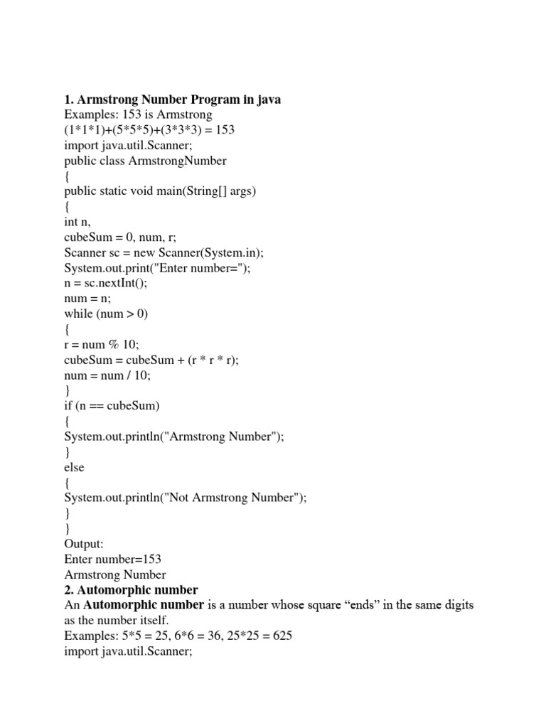 Armstrong Number Program in Java | PDF | Arithmetic | Mathematics