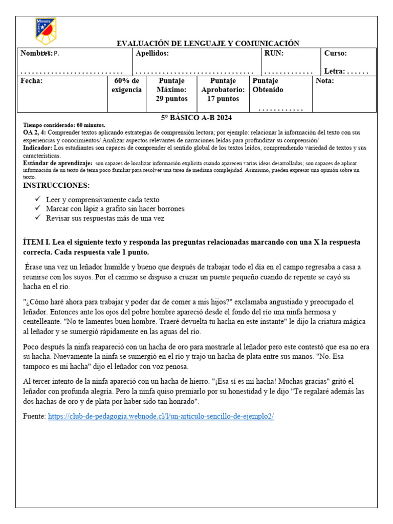Evaluación de Lenguaje 5° Básico 2024 | PDF