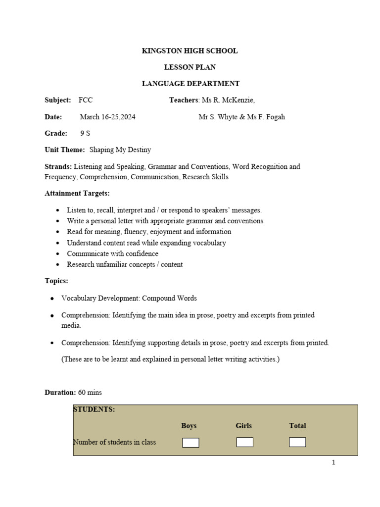 Grade 9 English Lesson Plan: Destiny | PDF | Adjective | Reading ...