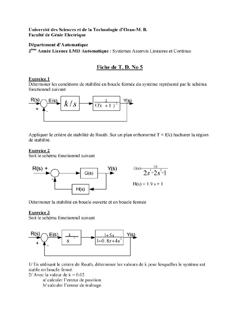 TD5 Systèmes Asservis Linéaires | PDF