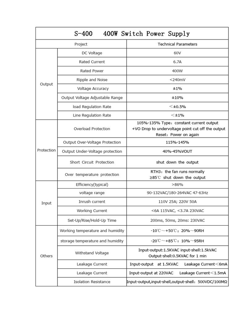 400W S-400 Switch Power Supply Specs | PDF | Power Supply | Mains ...