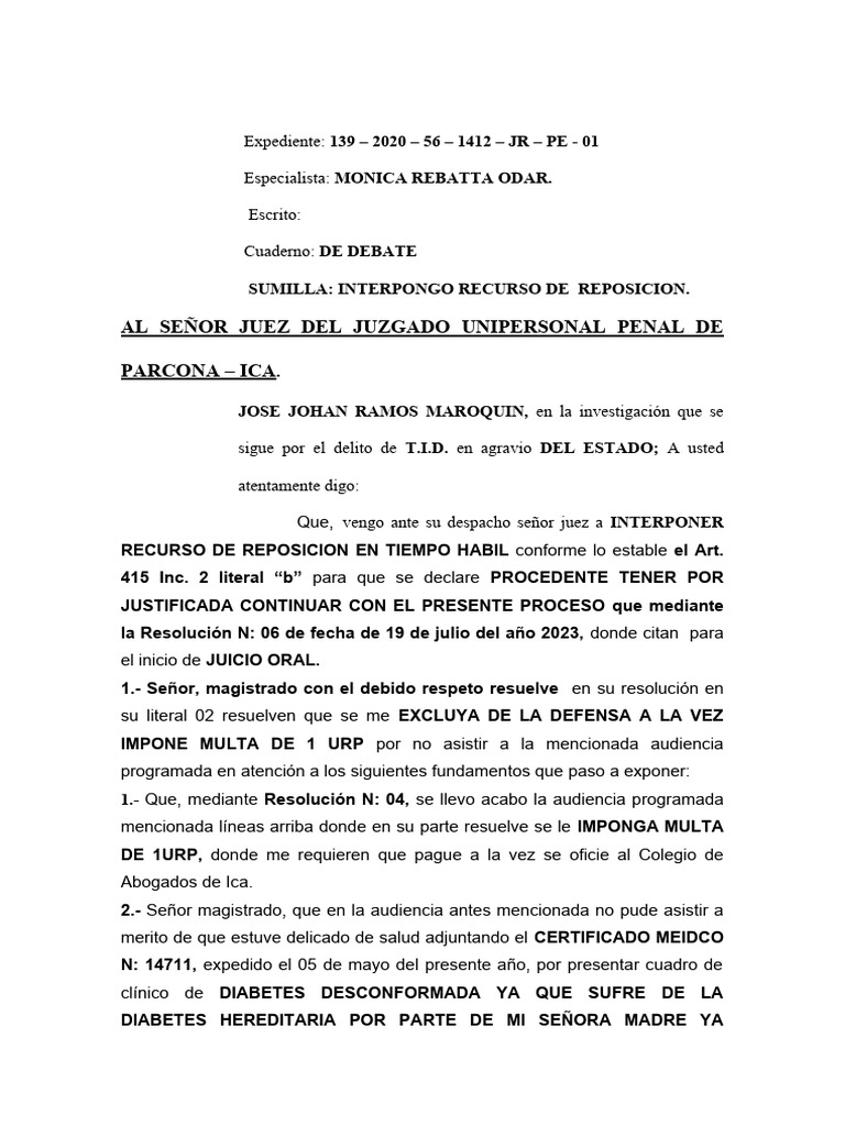 Recurso de Reposición en Proceso Penal | PDF | Justicia | Crimen y ...