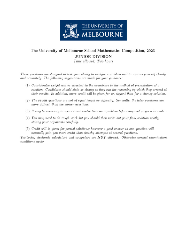 2023 University of Melbourne Math Competition | PDF | Triangle | Numbers