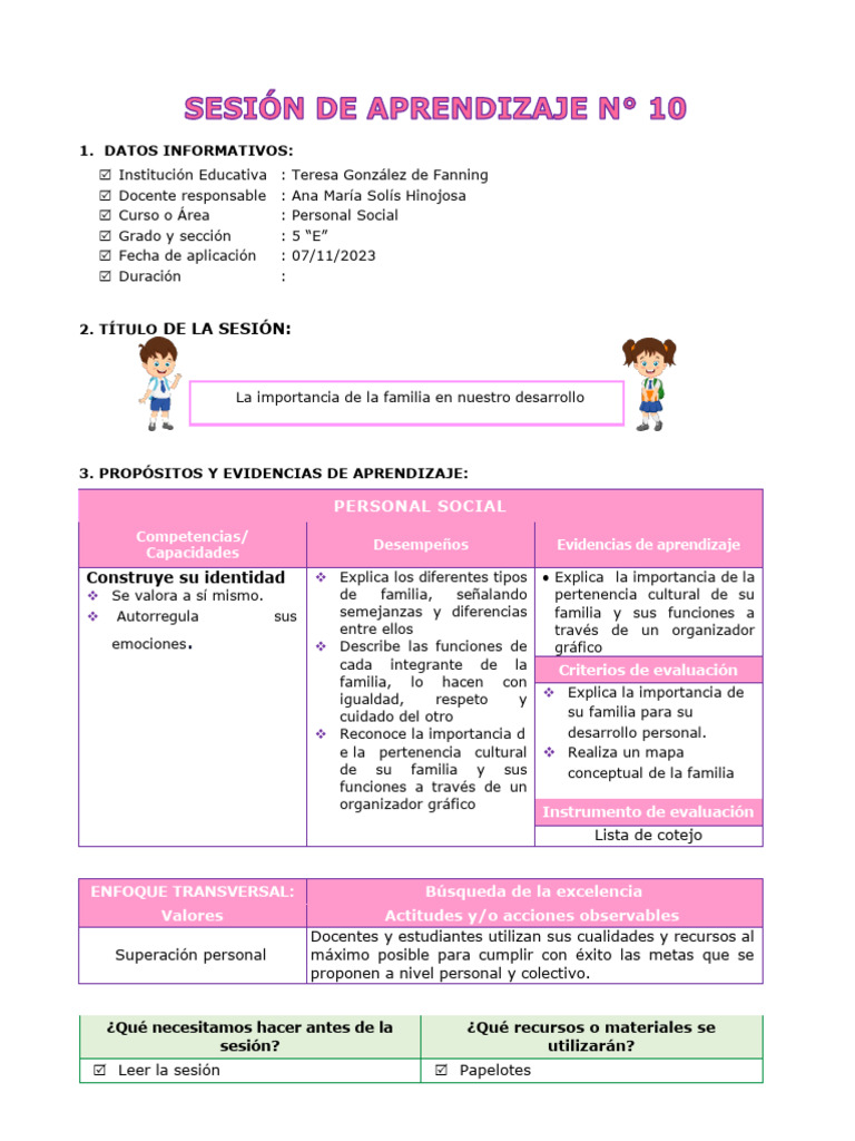 SESIÓN DE APRENDIZAJE 10 La importancia de la familia en nuestro ...