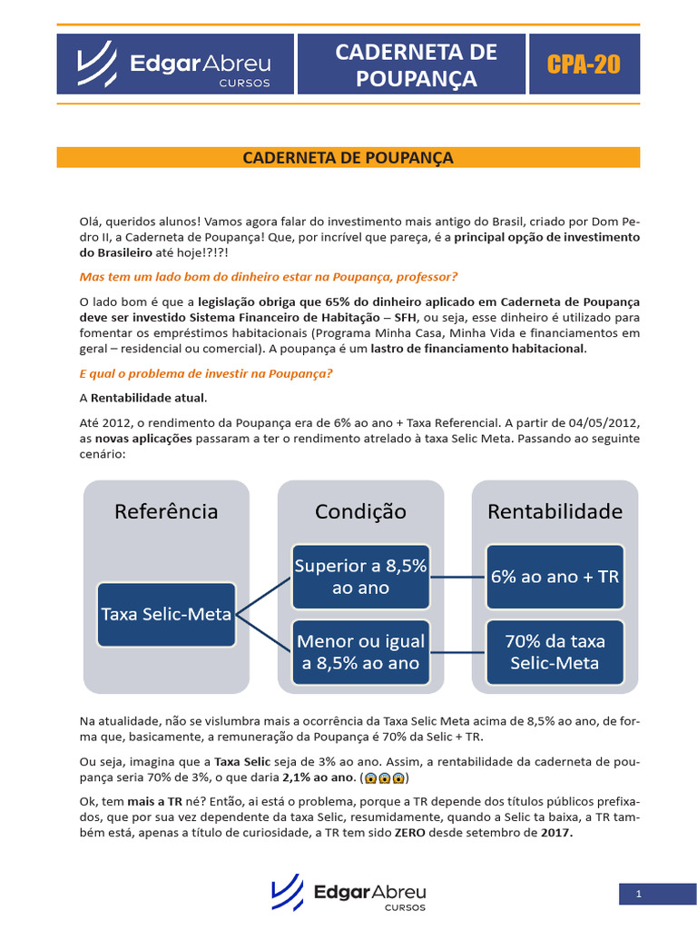 Caderneta de Poupança: Rendimento e Vantagens | PDF | Caderneta de ...