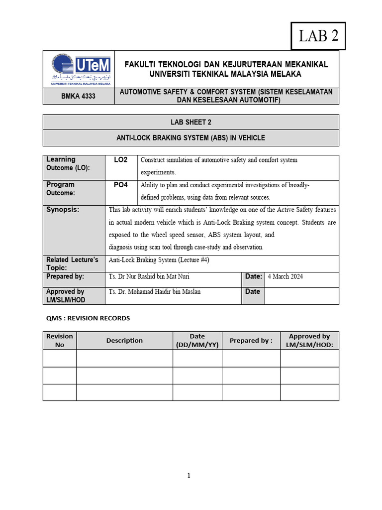 Anti-Lock Braking System Lab Guide | PDF | Anti Lock Braking System | Brake