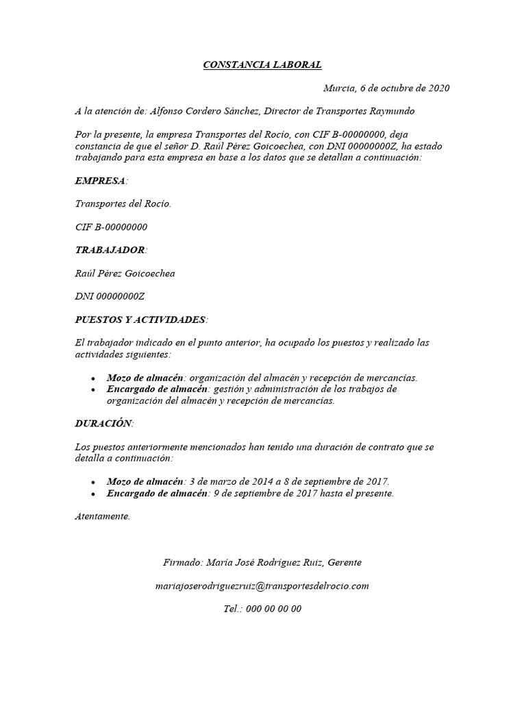 Constancia Laboral de Raúl Pérez | PDF