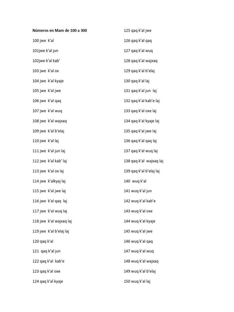 Números en Mam del 100 al 300 | PDF