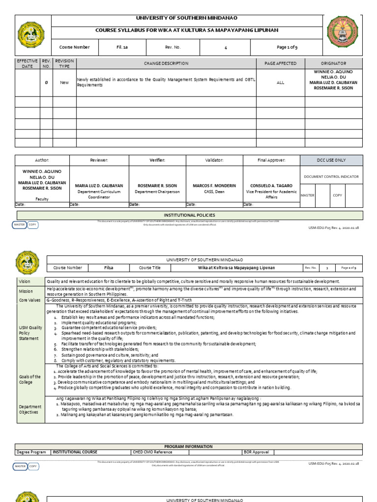 Wika at Kultura Course Syllabus USM | PDF