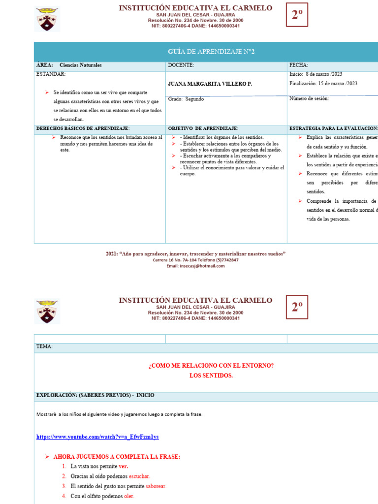 Guia 2 de Aprendizaje de Naturales Segundo Grado. | PDF | Gusto ...