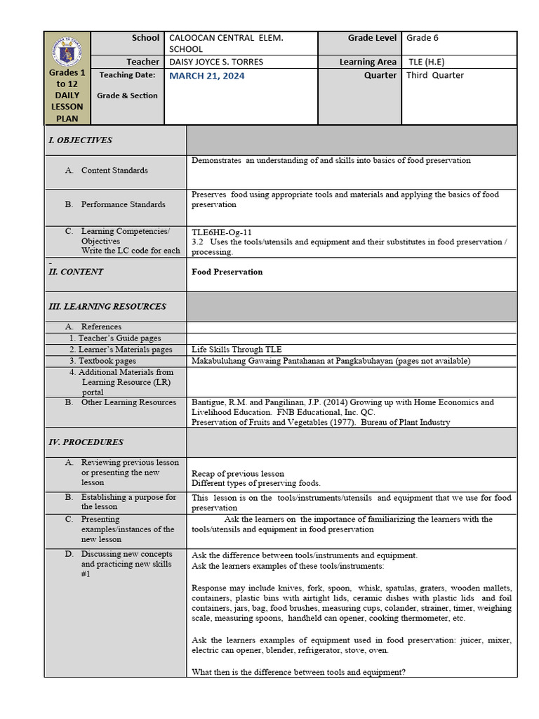 Food Preservation Tools for Grade 6 | PDF | Learning | Spoon