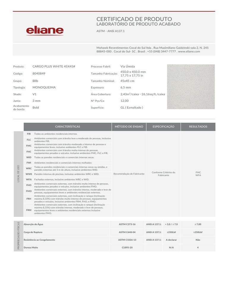 Certificado do Piso Cargo Plus White 45x45 | PDF | Física Aplicada e ...