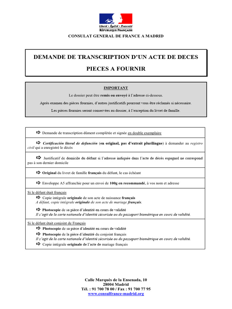 Demande de transcription décès France | PDF | Certificat de naissance ...