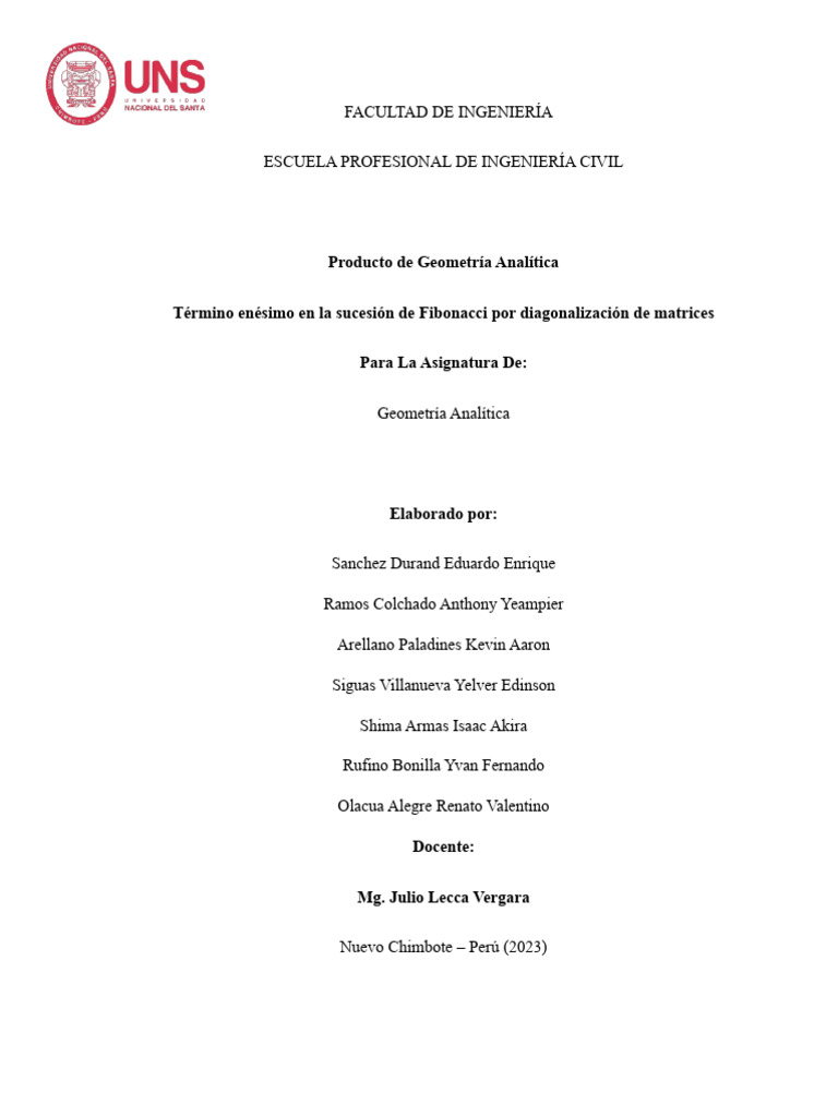 Término Enésimo de Fibonacci y Matrices | PDF | Valores propios y ...