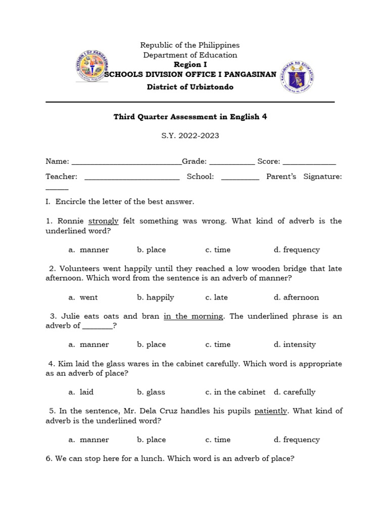 Third Quarter Test in English 4 | PDF | Adverb