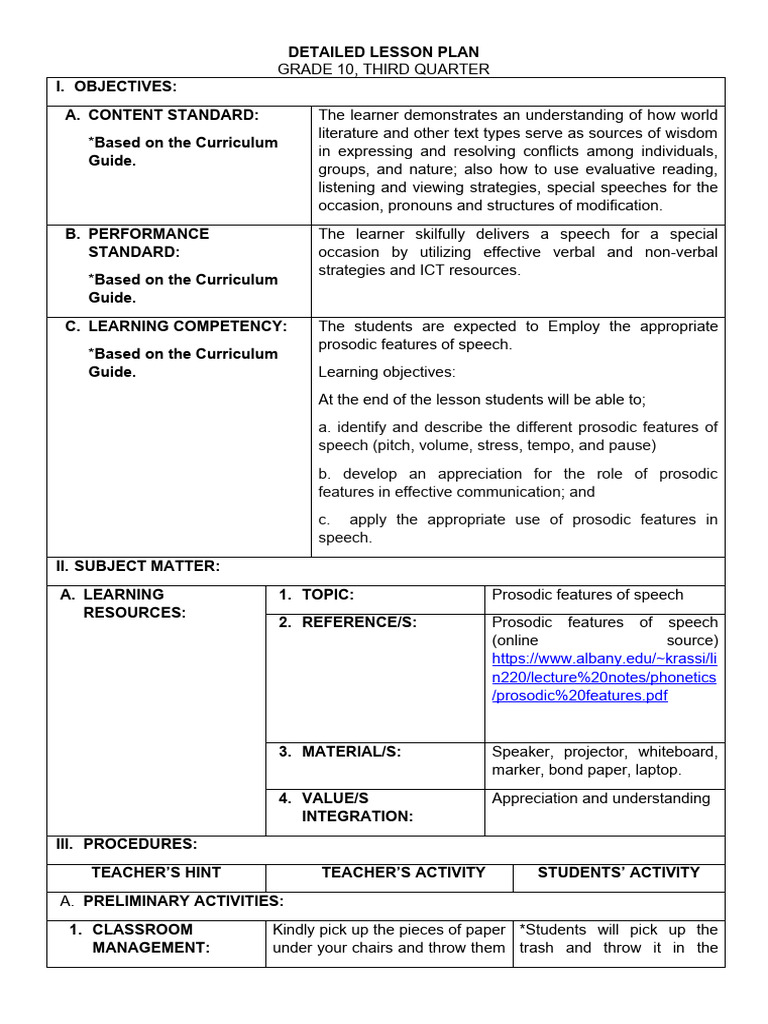 Detailed lesson plan in prosodic features of speech jean kyla batua