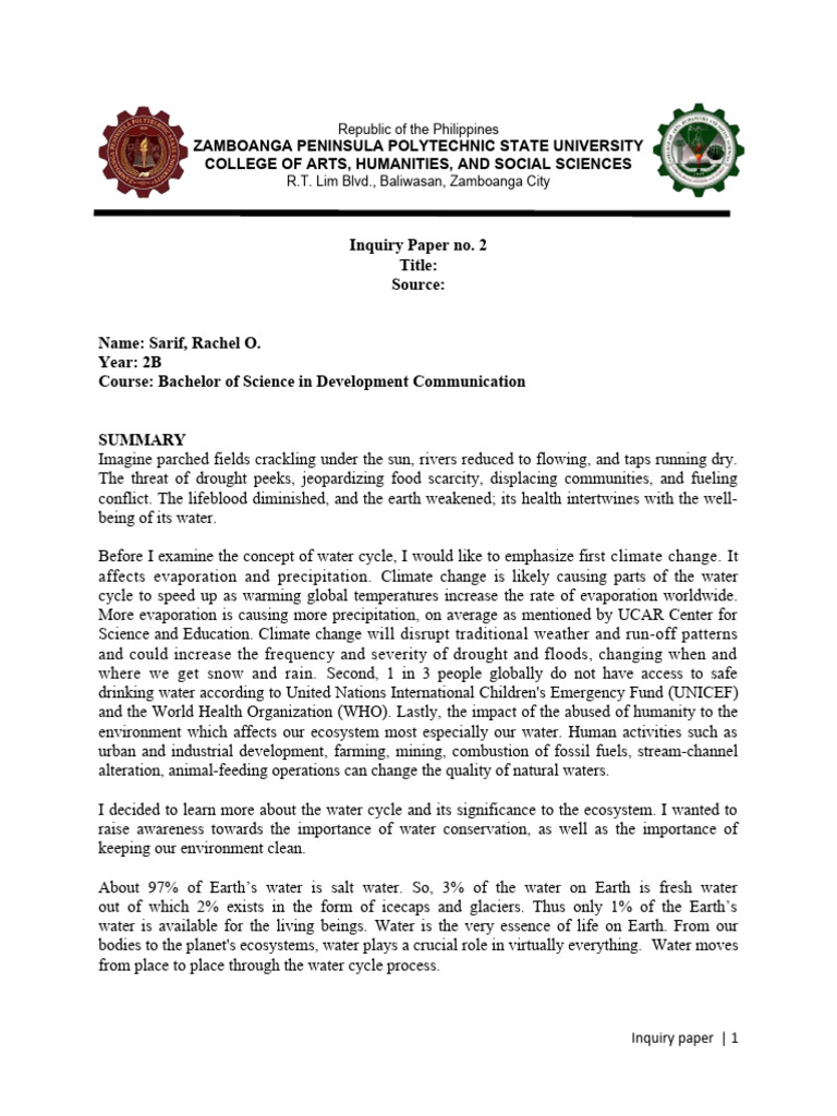 Inquiry Paper FORMAT | PDF | Water | Water Cycle