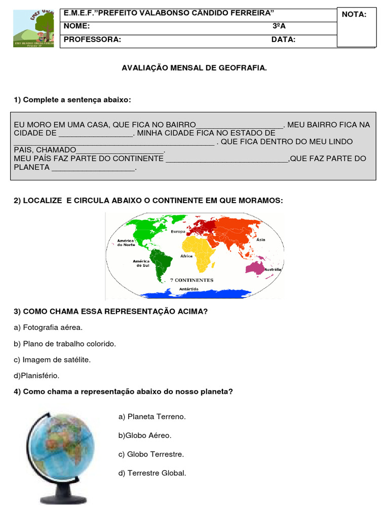 Avaliação de Geografia - 3º Ano | PDF