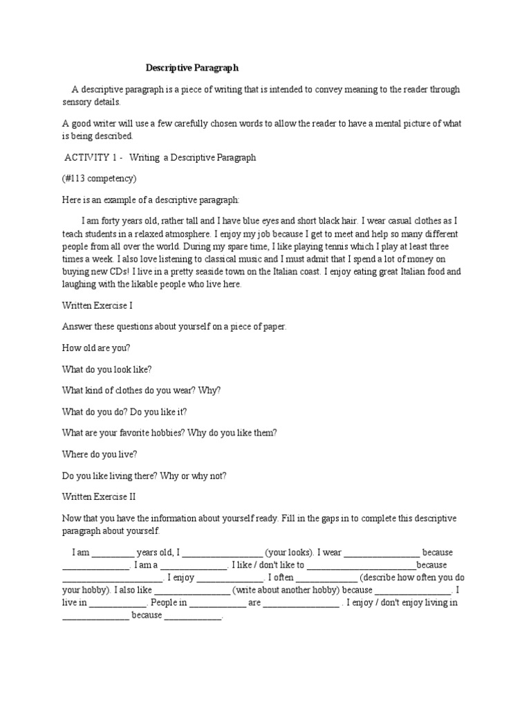 Writing A Well Constructed Descriptive Paragraph Focusing On An