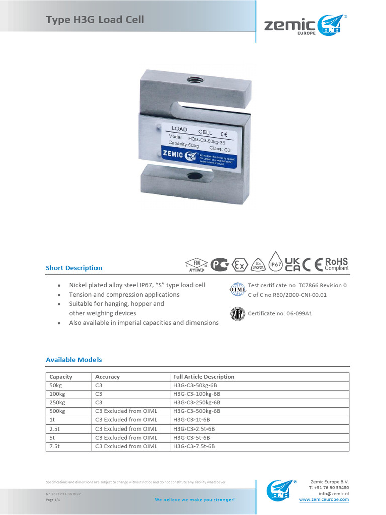 H3G Load Cell Specifications Overview | PDF | Electrical Resistance And ...