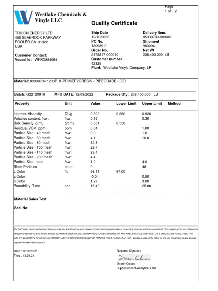 Westlake 1230P PVC Resin Quality Report | PDF | Polyvinyl Chloride ...
