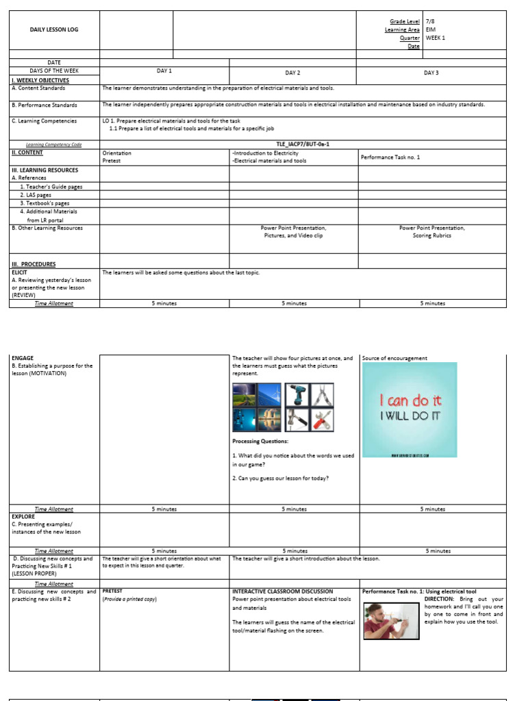 Electrical Tools and Materials Lesson Plan | PDF | Learning ...