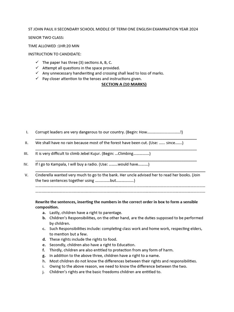 ST John Paul Ii Secondary School Middle Of Term One English Examination 