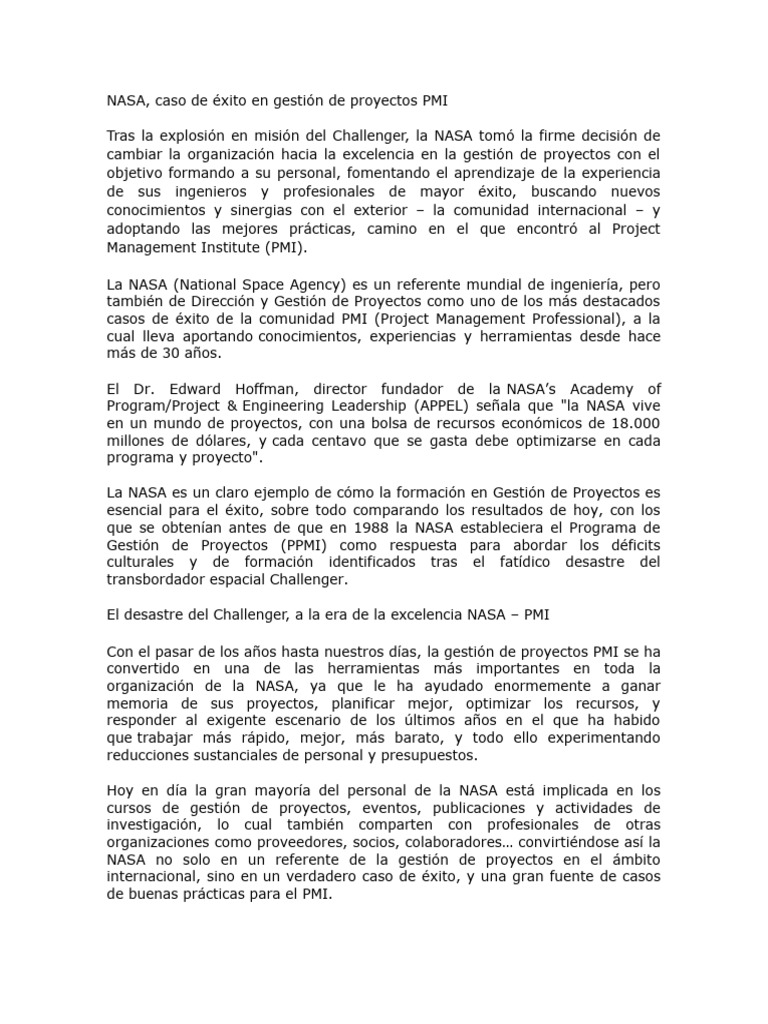 NASA y PMI: Éxito en Gestión de Proyectos | PDF | Nasa