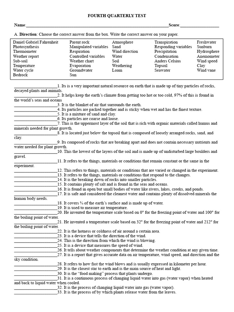 Grade 4 Science 4th Quarter Exam | PDF | Water | Soil