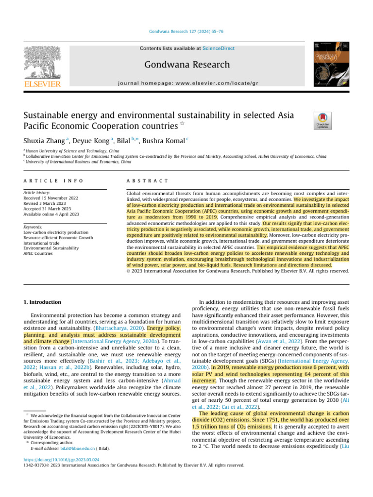 Sustainable Energy And Environmental Sustainability In Selected Asia