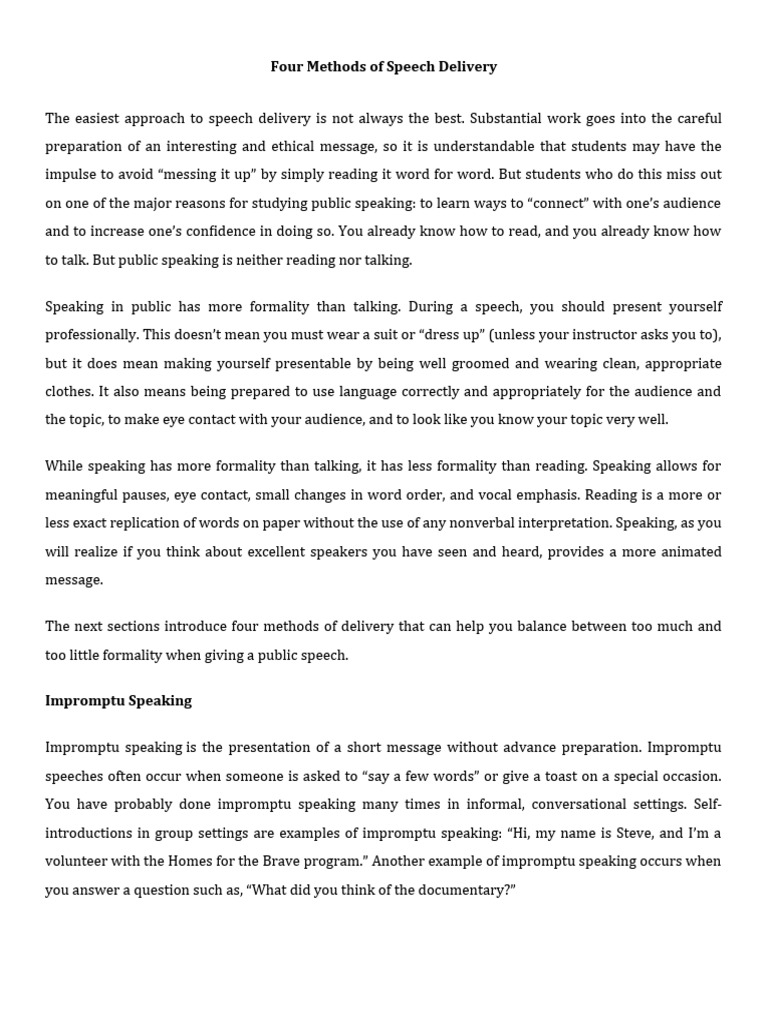 Four Speech Delivery Methods Explained | PDF | Speech | Public Speaking