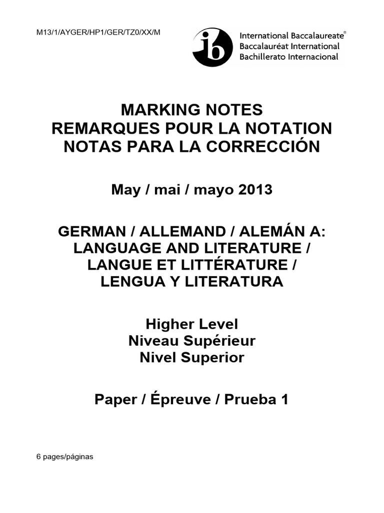German A Language and Literature Paper 1 HL Markscheme | PDF