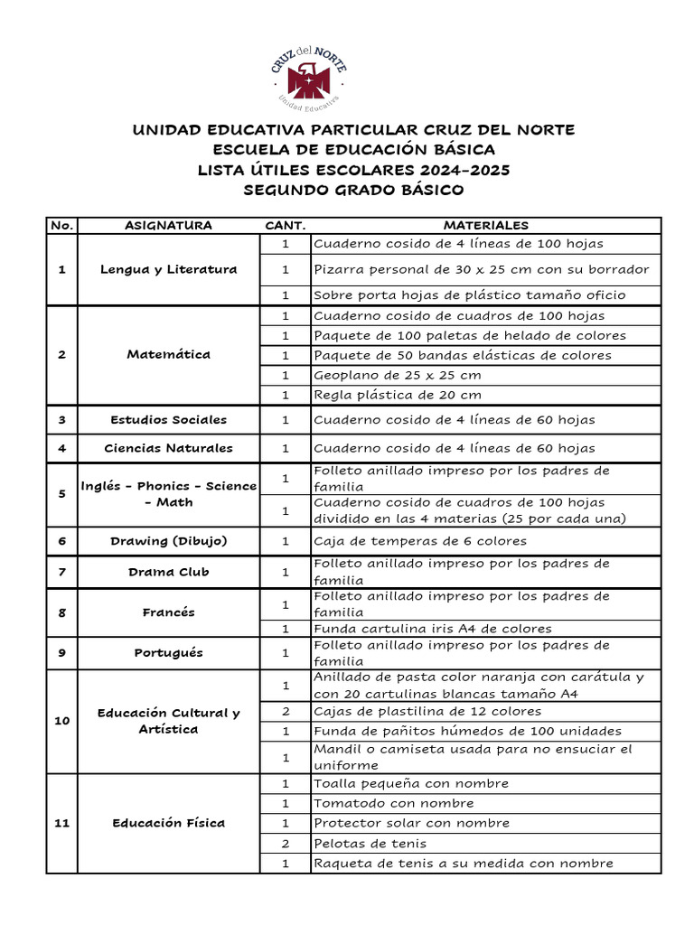 Lista de útiles escolares 2025 - 2° grado | PDF