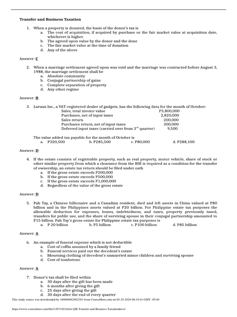 Transfer and Business Taxation Guide | PDF | Taxes | Estate Tax In The ...