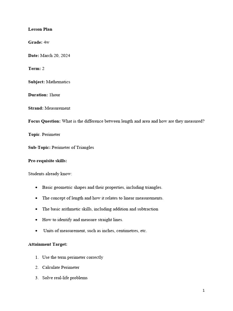 Lesson Plan Perimeter Pdf Triangle Reading Comprehension